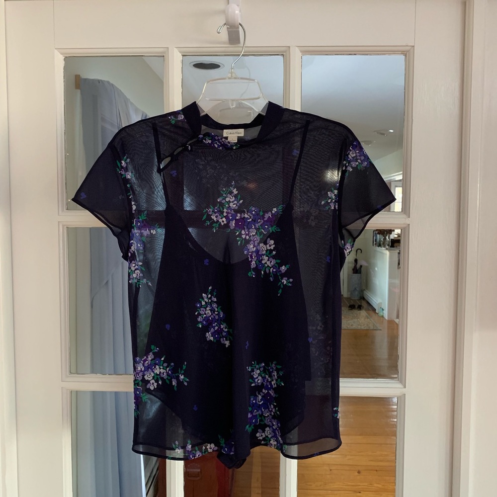 Two pieces- Calvin Klein Sheer Navy Top W/Matching tap pants